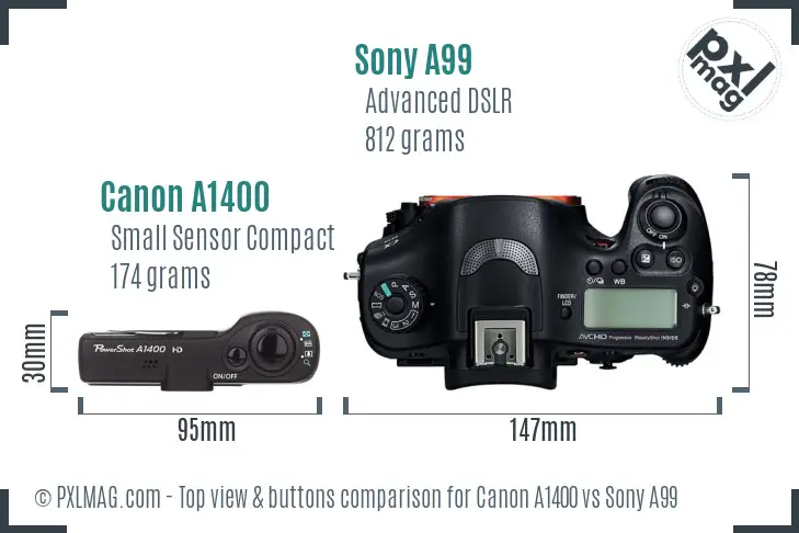 Canon A1400 vs Sony A99 top view buttons comparison