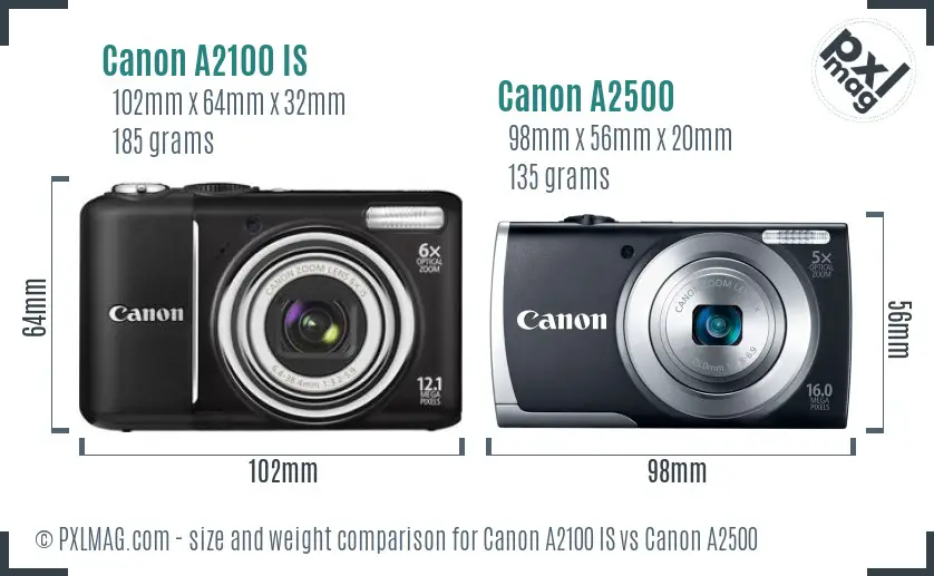 Canon A2100 IS vs Canon A2500 size comparison