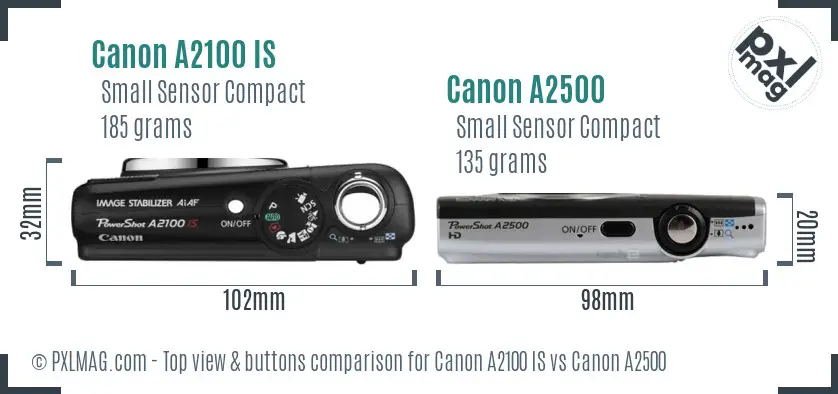 Canon A2100 IS vs Canon A2500 top view buttons comparison