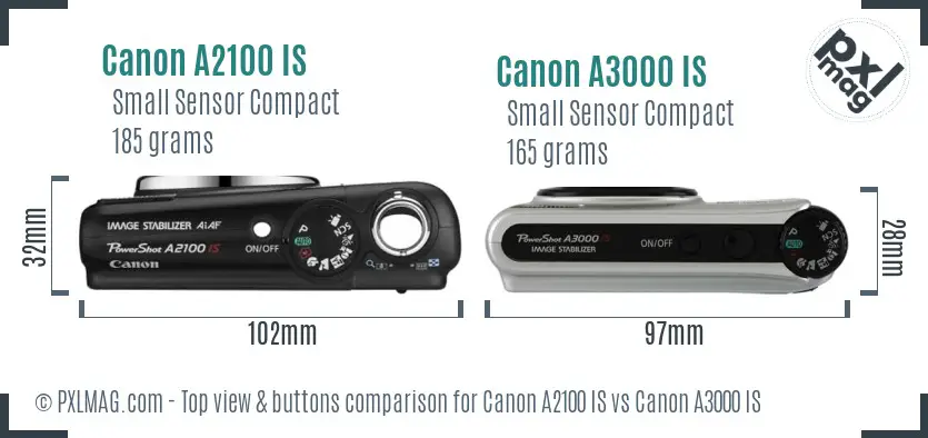 Canon A2100 IS vs Canon A3000 IS top view buttons comparison