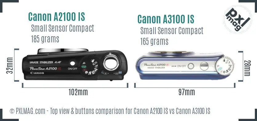 Canon A2100 IS vs Canon A3100 IS top view buttons comparison