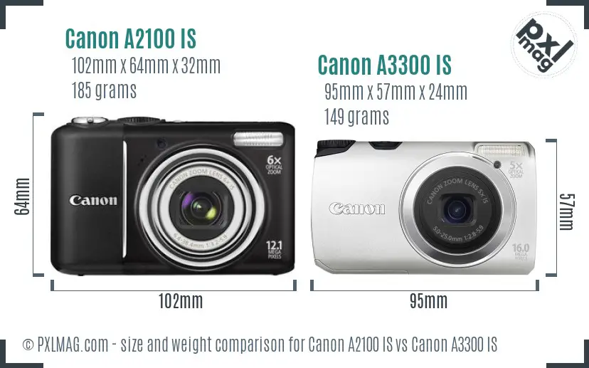 Canon A2100 IS vs Canon A3300 IS size comparison
