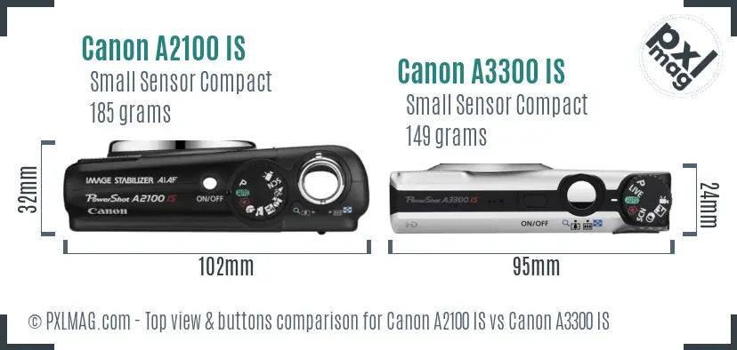Canon A2100 IS vs Canon A3300 IS top view buttons comparison