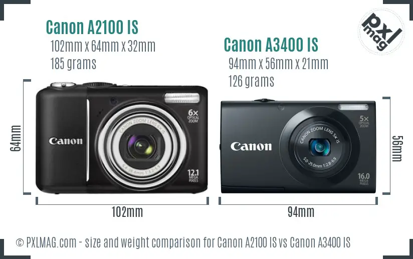Canon A2100 IS vs Canon A3400 IS size comparison