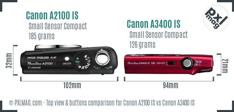 Canon A2100 IS vs Canon A3400 IS top view buttons comparison