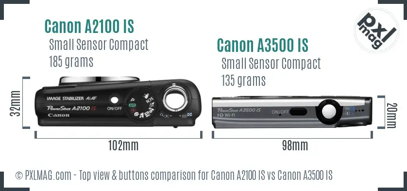 Canon A2100 IS vs Canon A3500 IS top view buttons comparison