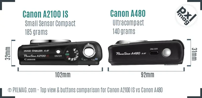 Canon A2100 IS vs Canon A480 top view buttons comparison