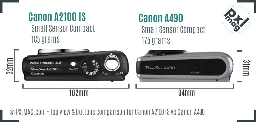 Canon A2100 IS vs Canon A490 top view buttons comparison