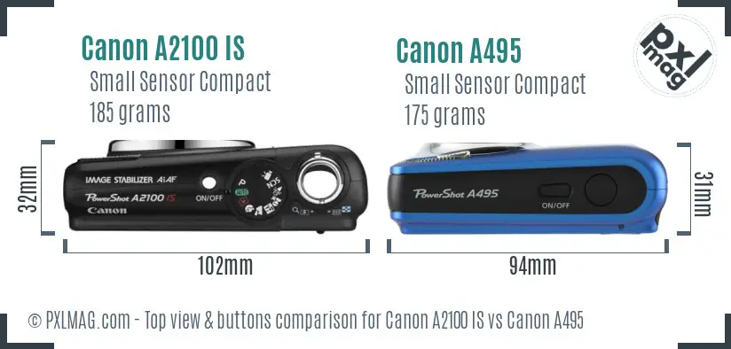 Canon A2100 IS vs Canon A495 top view buttons comparison