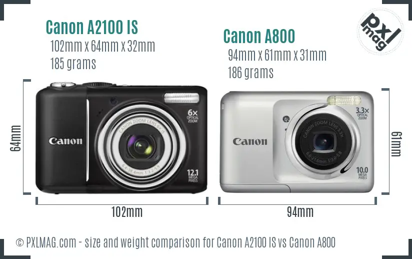 Canon A2100 IS vs Canon A800 size comparison