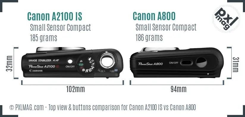 Canon A2100 IS vs Canon A800 top view buttons comparison