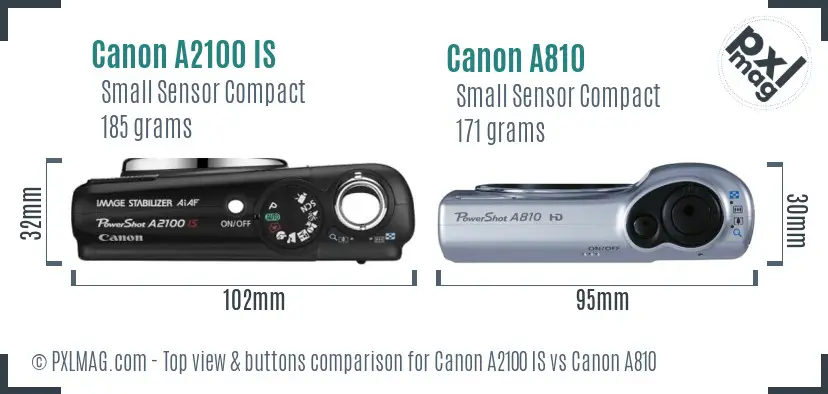 Canon A2100 IS vs Canon A810 top view buttons comparison