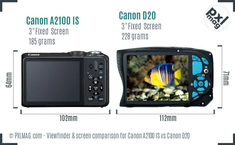 Canon A2100 IS vs Canon D20 Screen and Viewfinder comparison