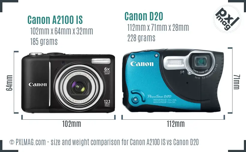 Canon A2100 IS vs Canon D20 size comparison