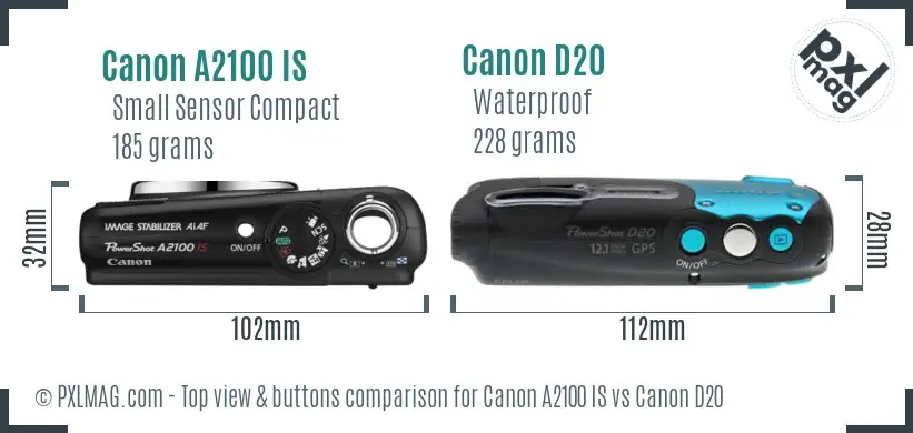 Canon A2100 IS vs Canon D20 top view buttons comparison