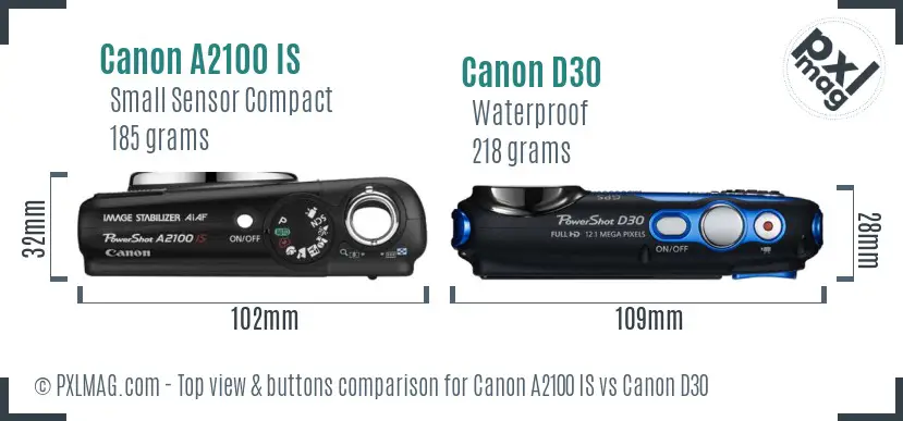 Canon A2100 IS vs Canon D30 top view buttons comparison
