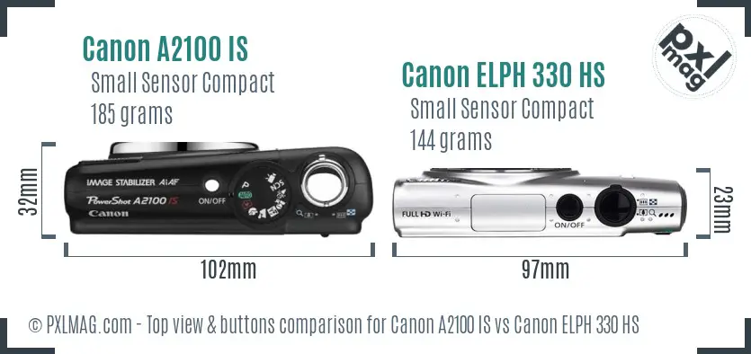Canon A2100 IS vs Canon ELPH 330 HS top view buttons comparison