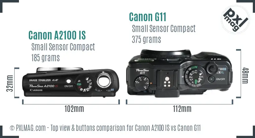 Canon A2100 IS vs Canon G11 top view buttons comparison