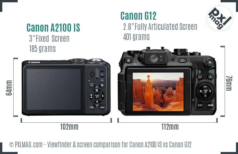 Canon A2100 IS vs Canon G12 Screen and Viewfinder comparison