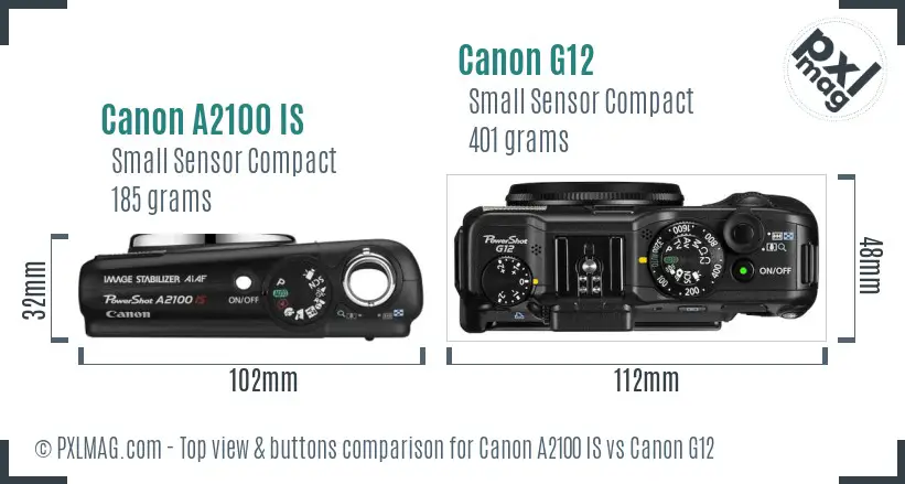 Canon A2100 IS vs Canon G12 top view buttons comparison
