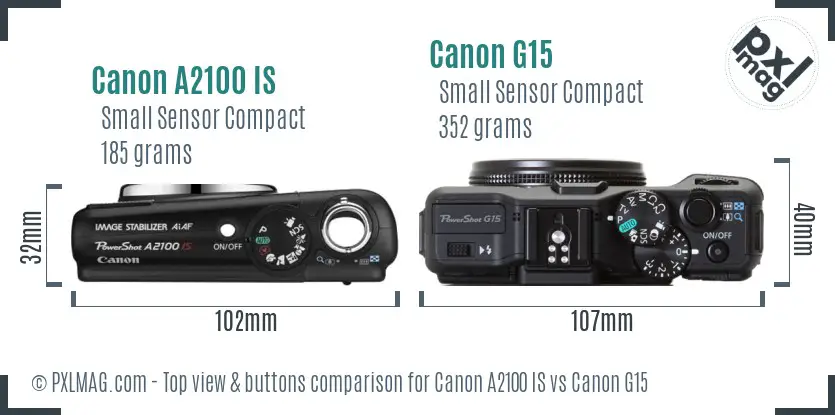 Canon A2100 IS vs Canon G15 top view buttons comparison Canon A2100 IS vs Canon G15 top view buttons comparison