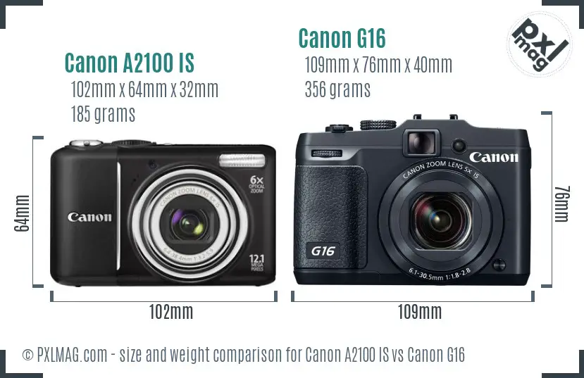 Canon A2100 IS vs Canon G16 size comparison