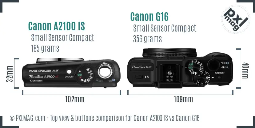 Canon A2100 IS vs Canon G16 top view buttons comparison