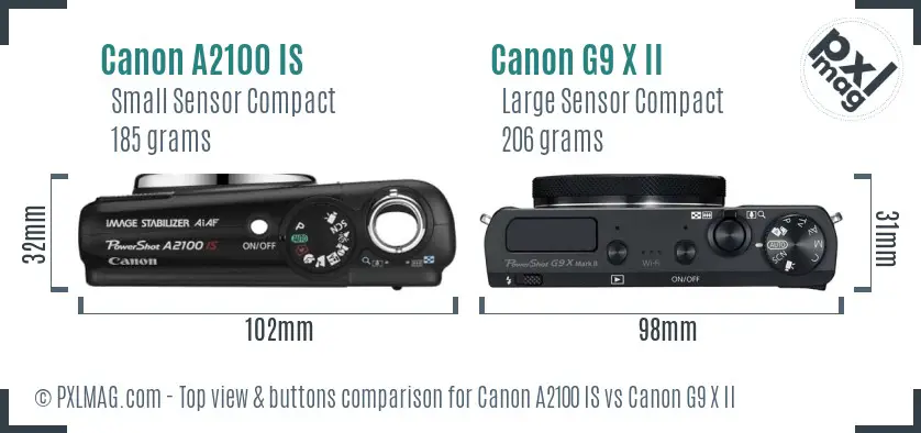 Canon A2100 IS vs Canon G9 X II top view buttons comparison