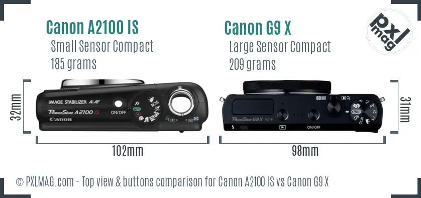 Canon A2100 IS vs Canon G9 X top view buttons comparison