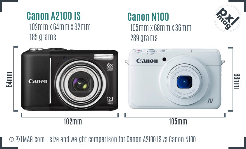 Canon A2100 IS vs Canon N100 size comparison