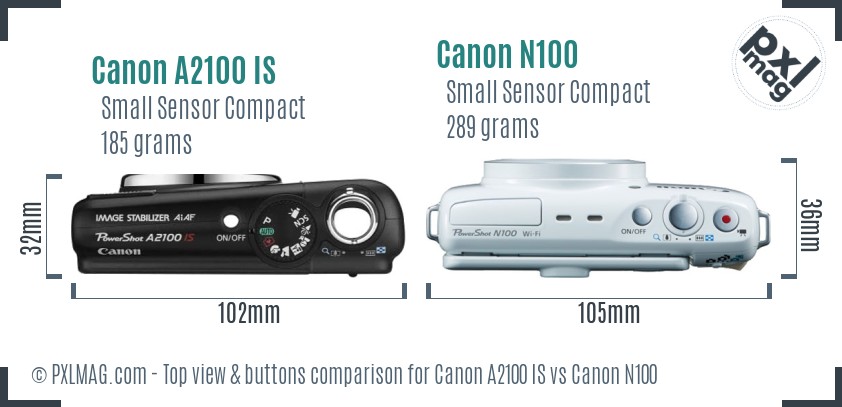 Canon A2100 IS vs Canon N100 top view buttons comparison