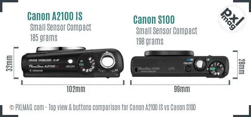 Canon A2100 IS vs Canon S100 top view buttons comparison Canon A2100 IS vs Canon S100 top view buttons comparison