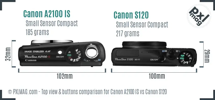 Canon A2100 IS vs Canon S120 top view buttons comparison