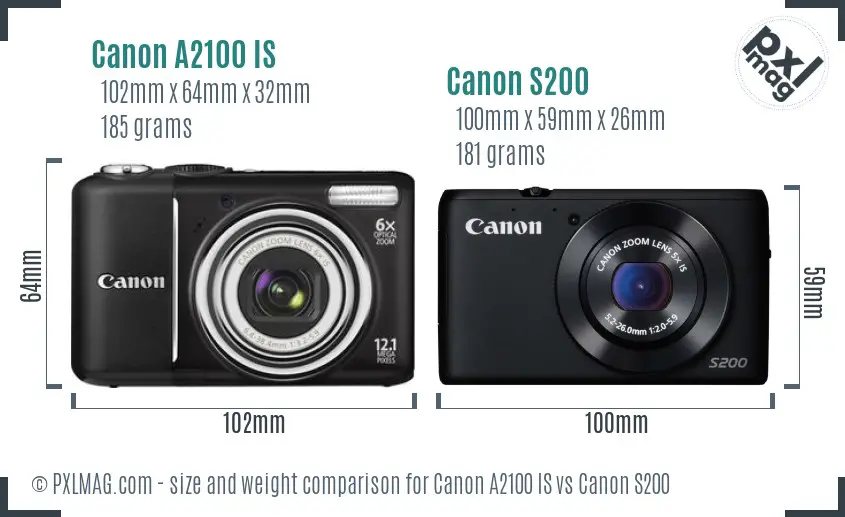 Canon A2100 IS vs Canon S200 size comparison