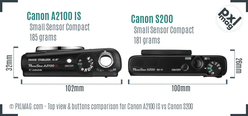 Canon A2100 IS vs Canon S200 top view buttons comparison