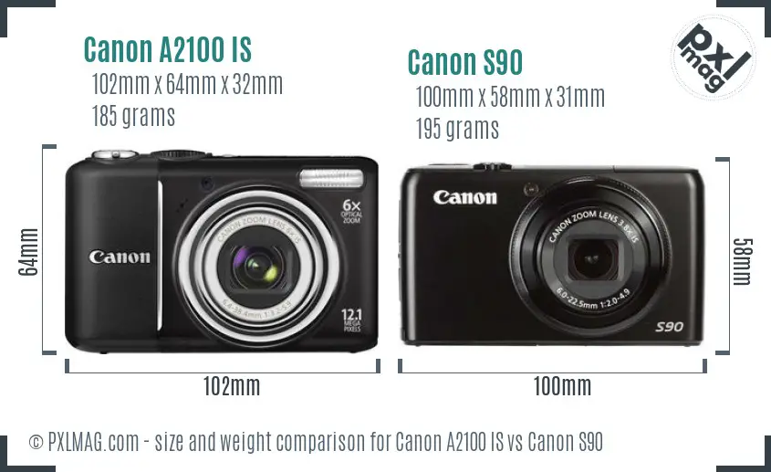 Canon A2100 IS vs Canon S90 size comparison