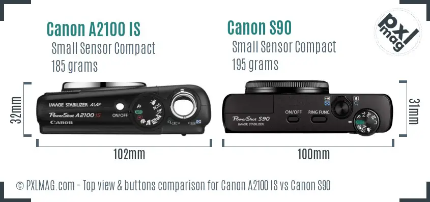 Canon A2100 IS vs Canon S90 top view buttons comparison