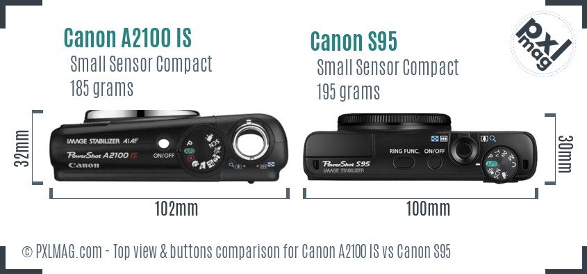 Canon A2100 IS vs Canon S95 top view buttons comparison