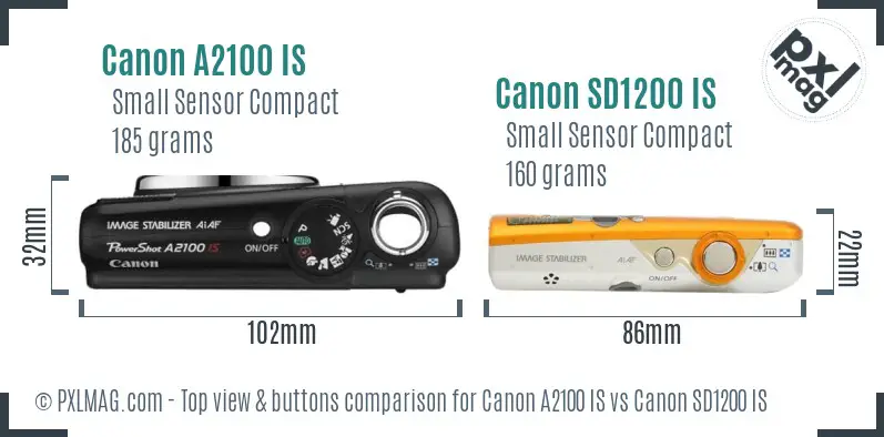 Canon A2100 IS vs Canon SD1200 IS top view buttons comparison