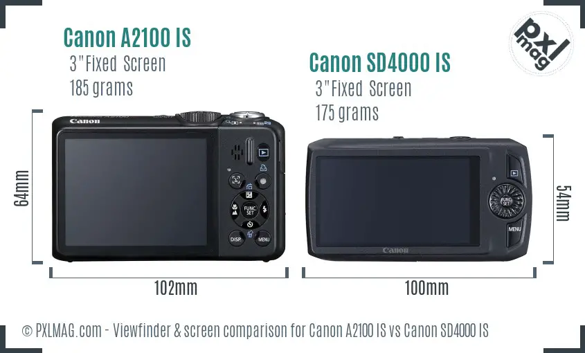 Canon A2100 IS vs Canon SD4000 IS Screen and Viewfinder comparison