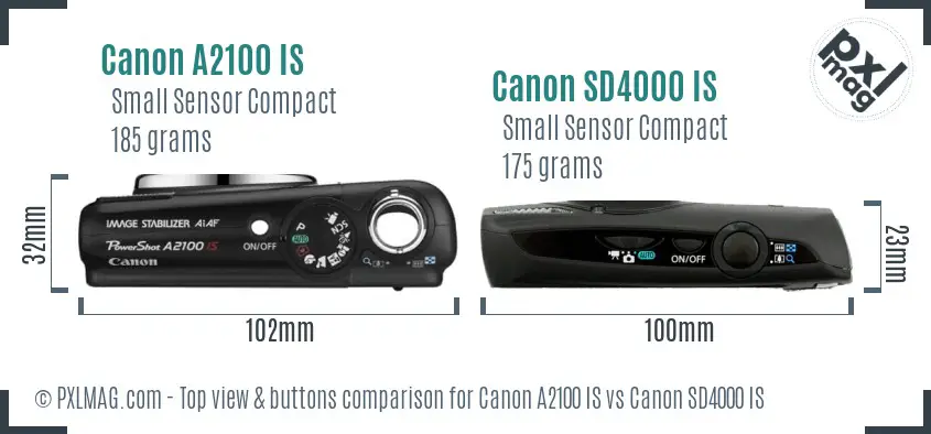 Canon A2100 IS vs Canon SD4000 IS top view buttons comparison
