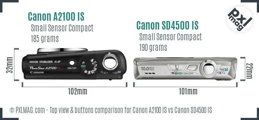 Canon A2100 IS vs Canon SD4500 IS top view buttons comparison