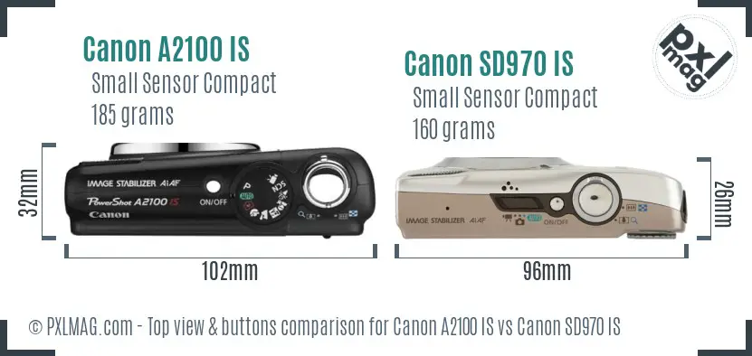 Canon A2100 IS vs Canon SD970 IS top view buttons comparison Canon A2100 IS vs Canon SD970 IS top view buttons comparison