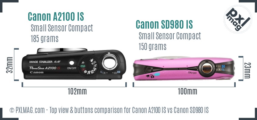 Canon A2100 IS vs Canon SD980 IS top view buttons comparison