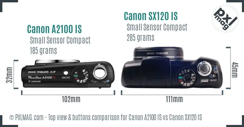 Canon A2100 IS vs Canon SX120 IS top view buttons comparison