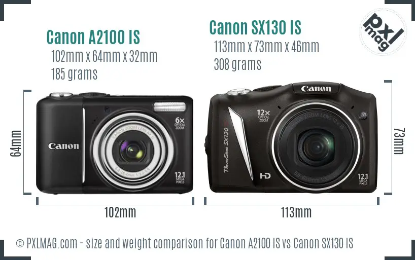 Canon A2100 IS vs Canon SX130 IS size comparison