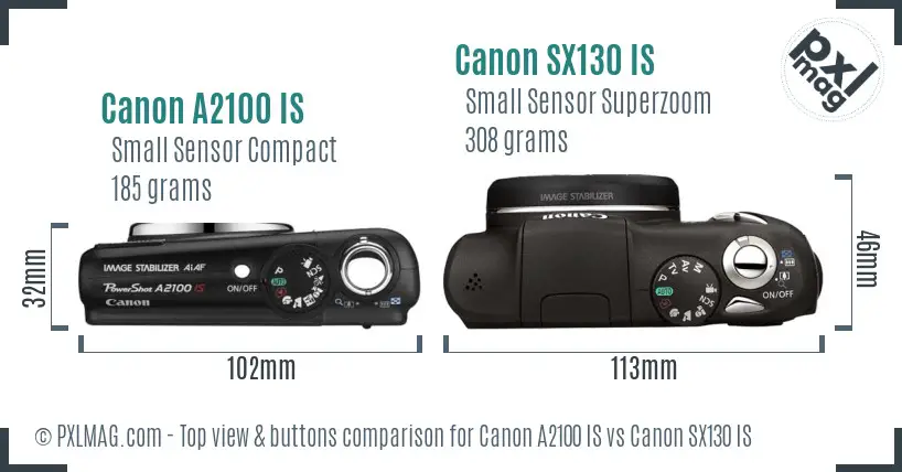 Canon A2100 IS vs Canon SX130 IS top view buttons comparison