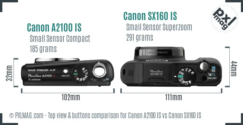 Canon A2100 IS vs Canon SX160 IS top view buttons comparison