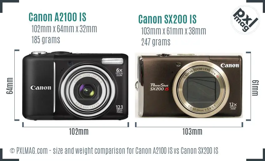 Canon A2100 IS vs Canon SX200 IS size comparison
