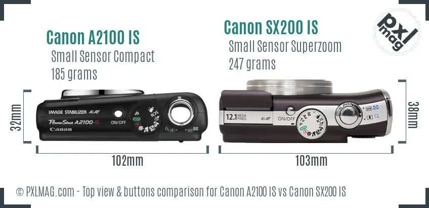 Canon A2100 IS vs Canon SX200 IS top view buttons comparison